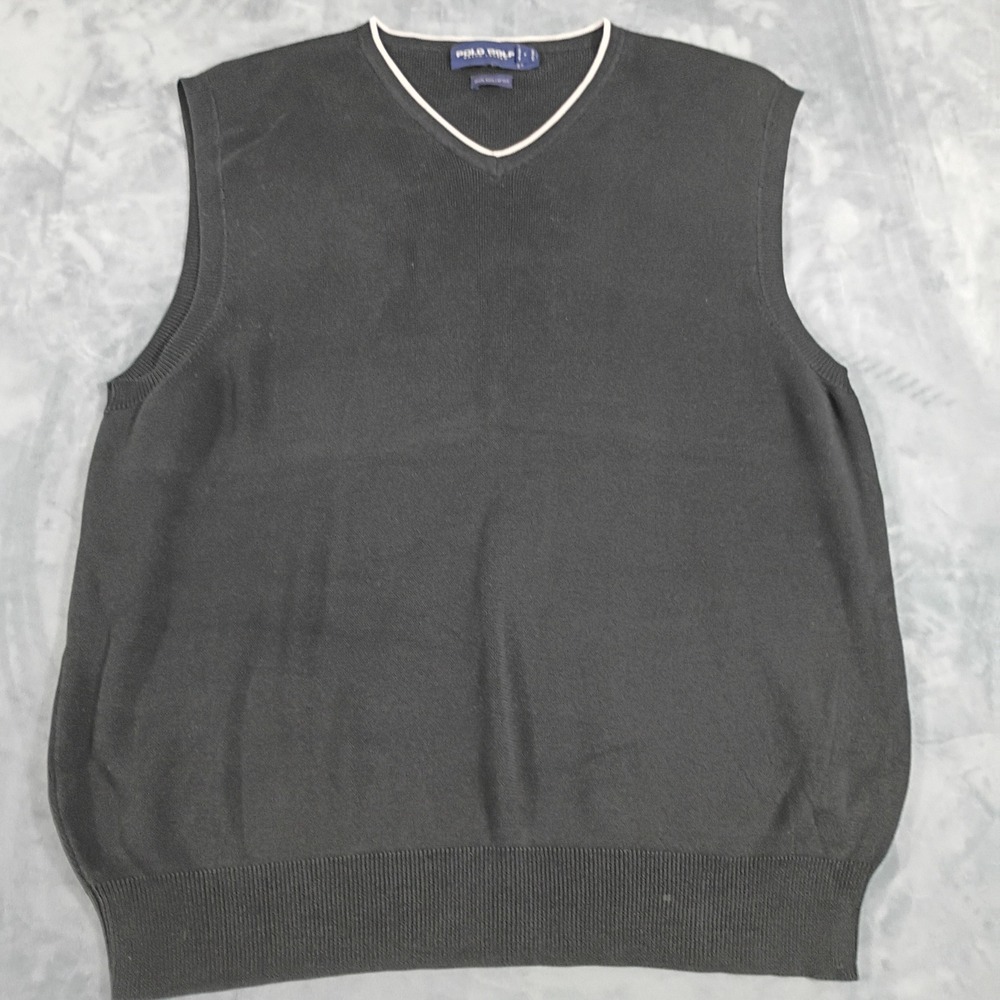 Polo Golf Ralph Lauren Mens Black Pima Cotton V-Neck Sweater Vest Size Large